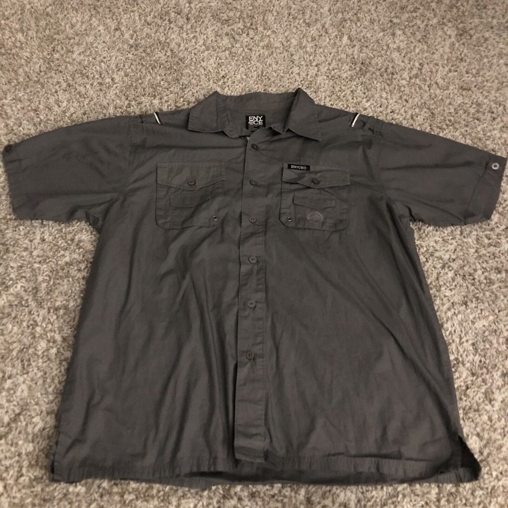 Enyce Mens Gray Short Sleeve Shirt L Button Up Pockets Logo Collar